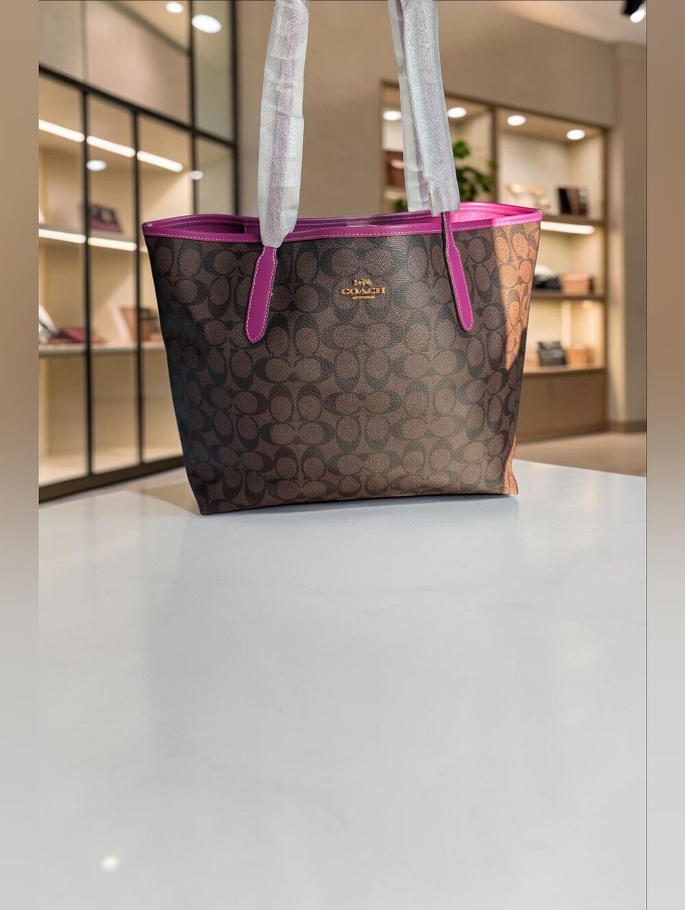 Coach Signature Reversible City Tote In Brown Dark Magenta 5696 (NWT)